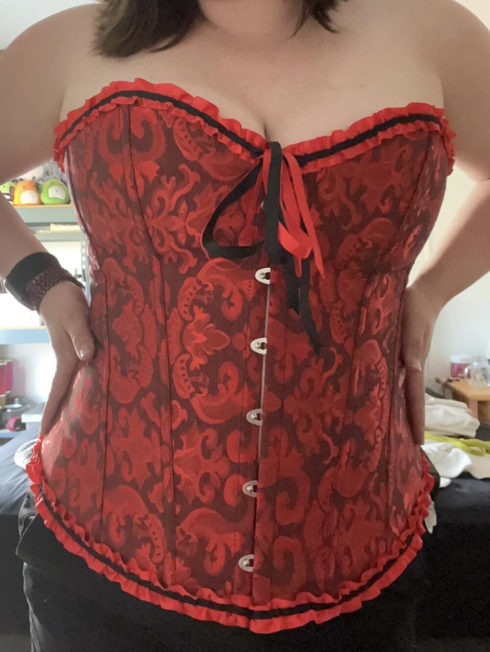 Red Brocade Strapless Corset with Black Ribbon Trim Adjustable Ribbon
